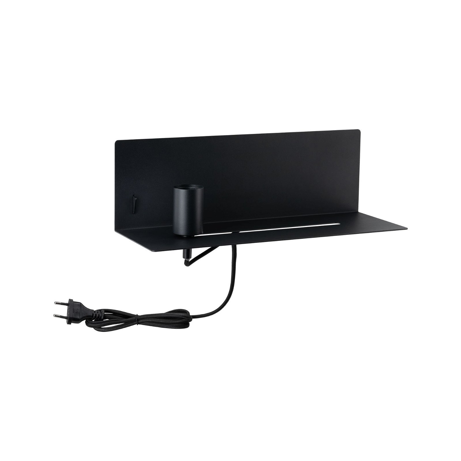 Schwarze Wandleuchte mit Ablage und Kabel mit Stecker. Schlichtes, modernes Design.