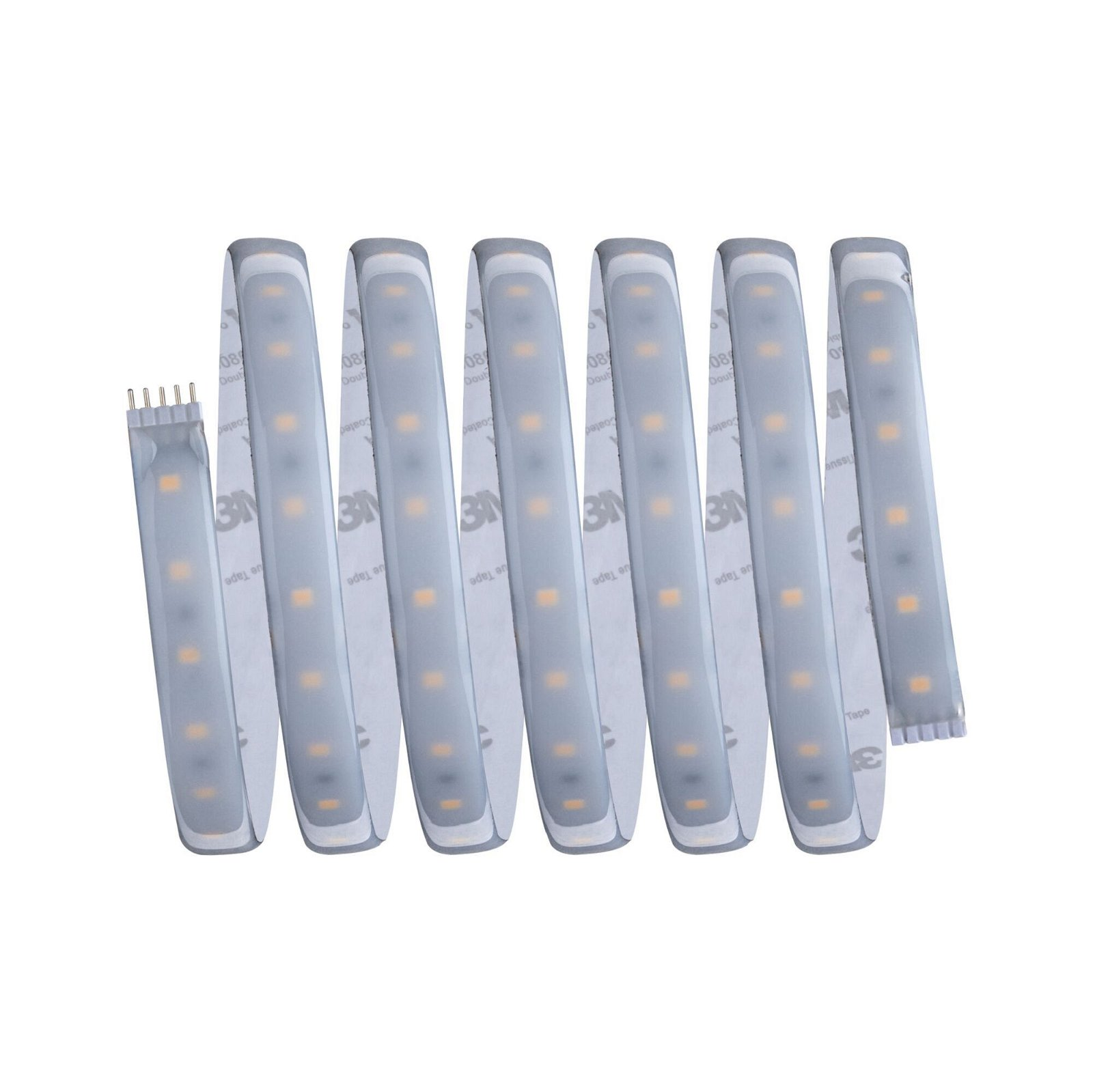 Striscia di luci LED con nastro 3M, leggermente arrotolata. Sfondo bianco.