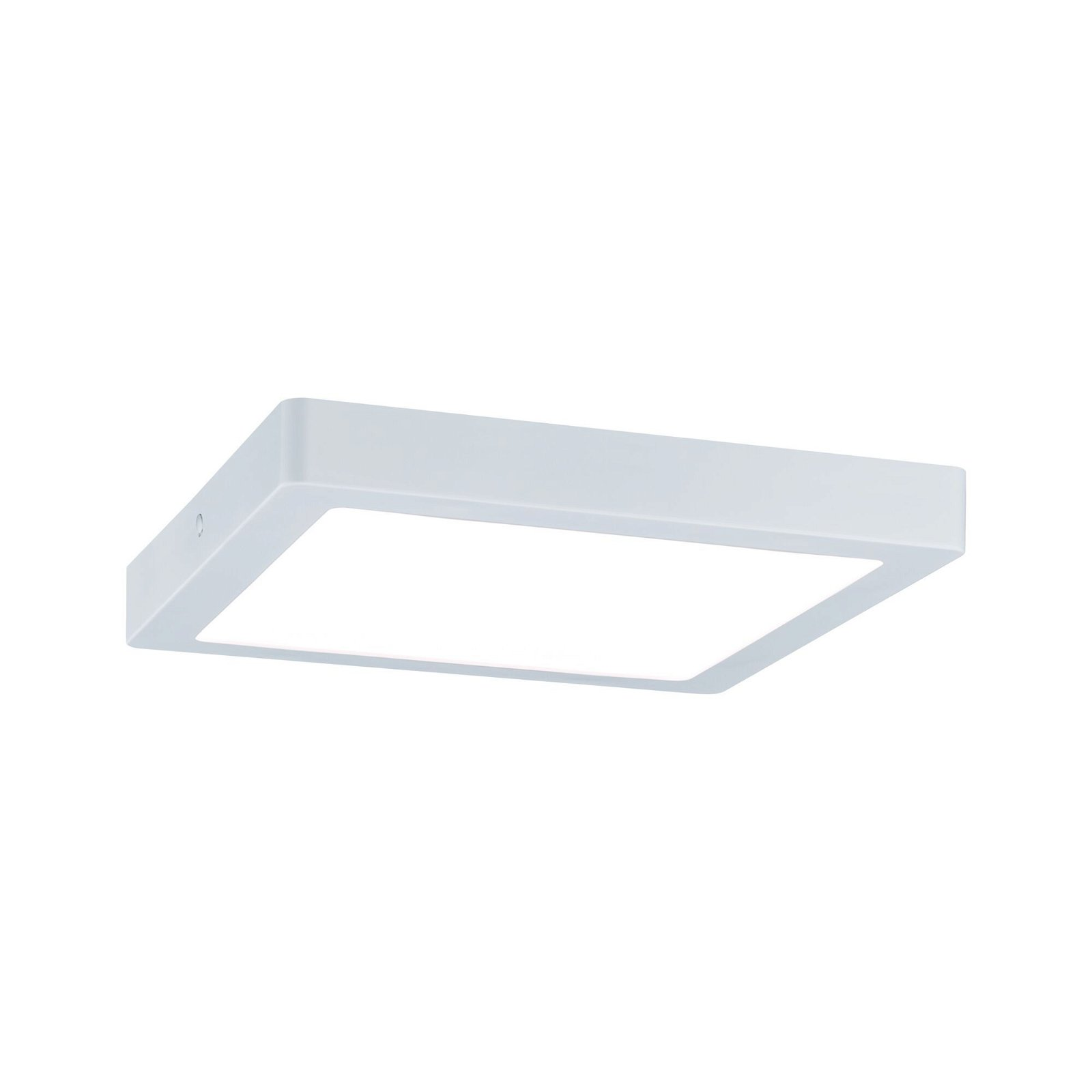 Kwadratowa biała lampa sufitowa LED na białym tle.