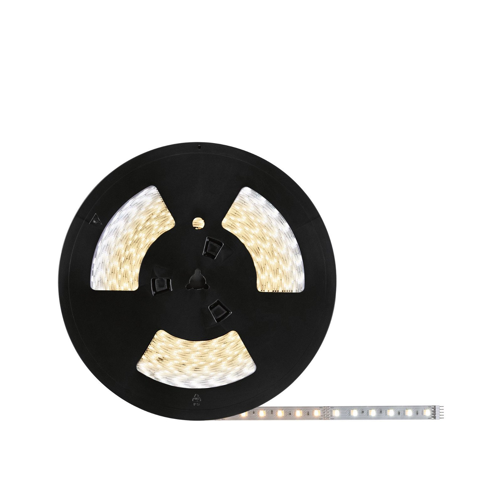 Una bobina nera che contiene una striscia luminosa a LED con segmenti di luce calda e fredda.