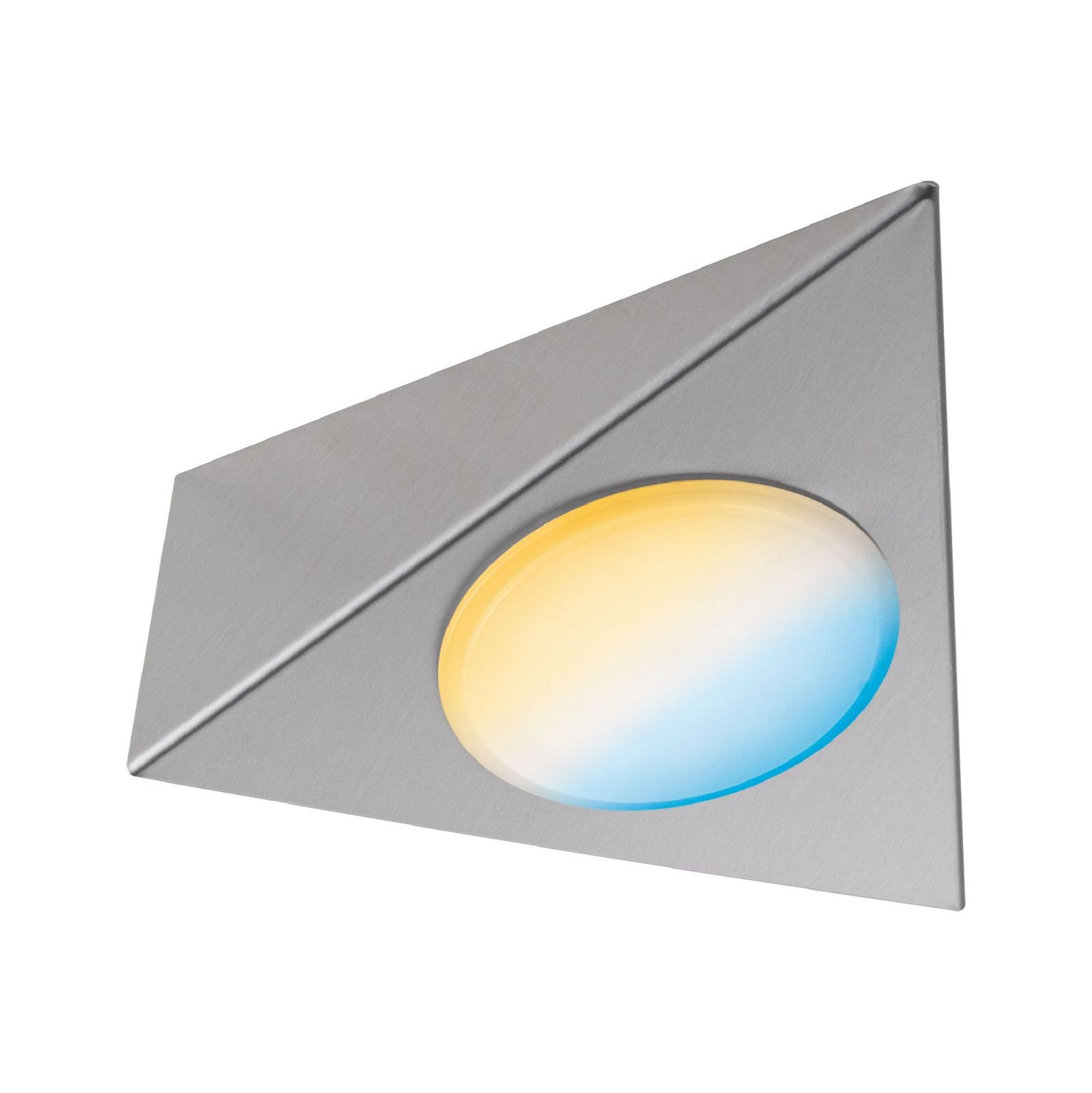 Applique argentata con luce ovale, con tonalità gialle e blu, su sfondo bianco.