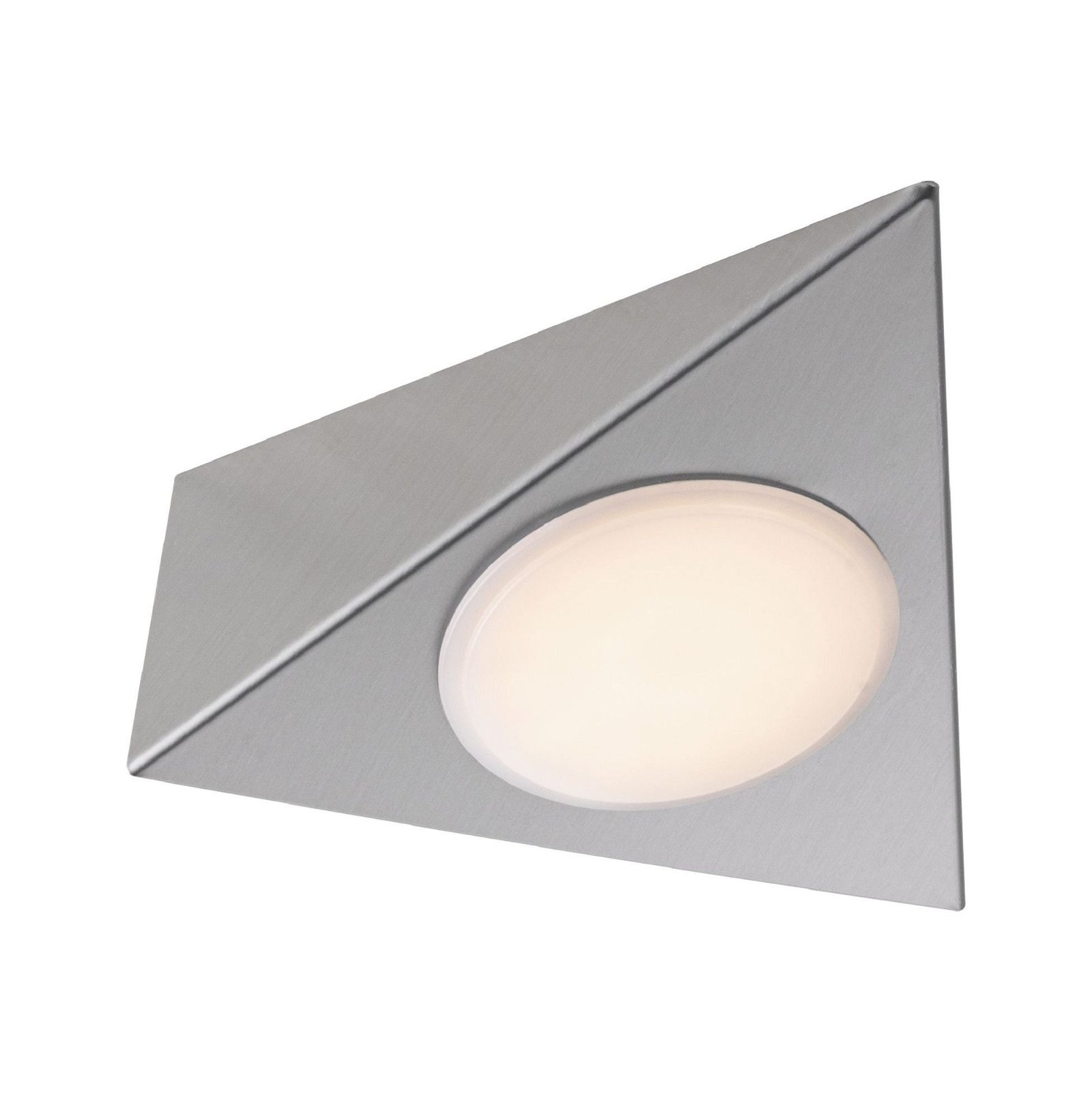 Un apparecchio di illuminazione argentato e bianco su sfondo bianco.