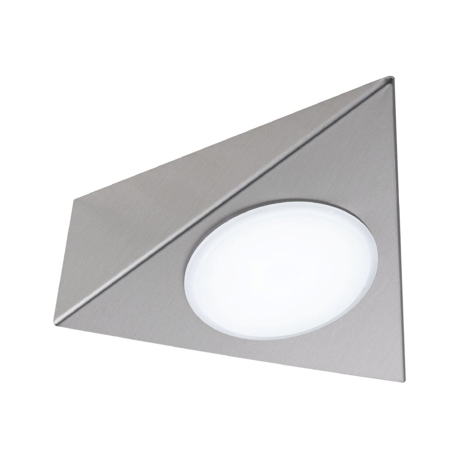 Eine silberne, dreieckige Einbauleuchte mit einem weißen, ovalen Licht.