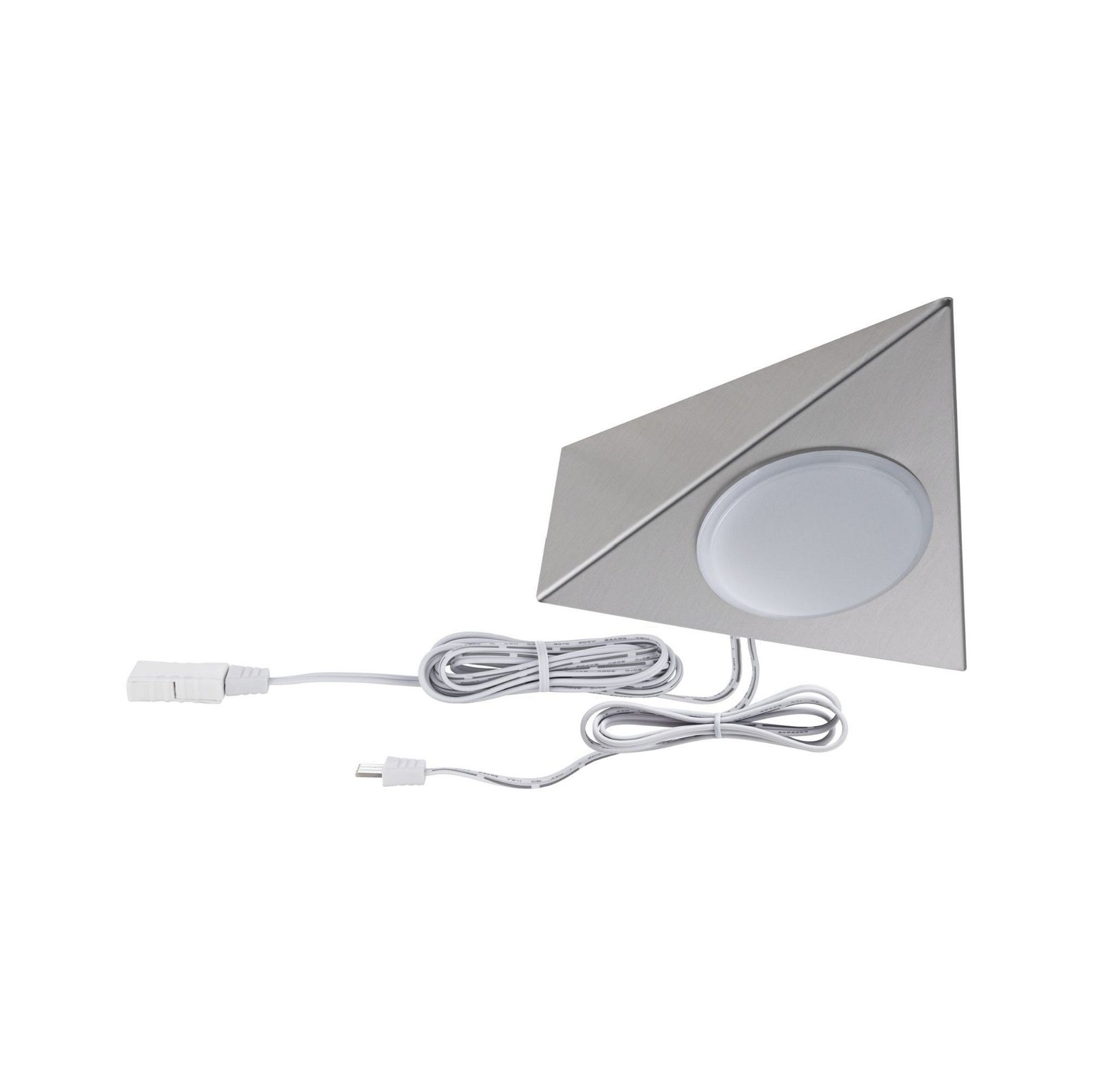 Eine silberne dreieckige LED-Leuchte mit weißem Kabel und USB-Anschluss.