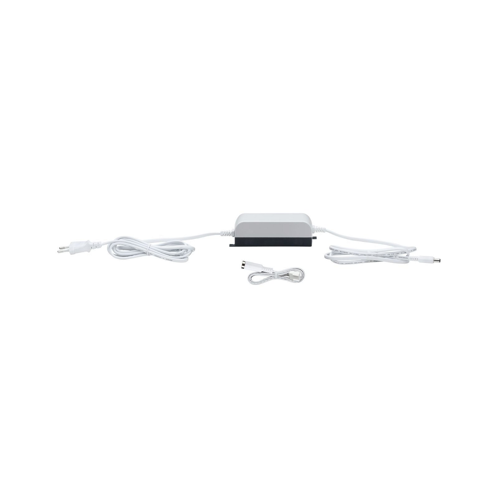 Ein weißes Netzteil mit Kabeln und einem kleinen USB-Kabel. Das Setup vor weißem Hintergrund.