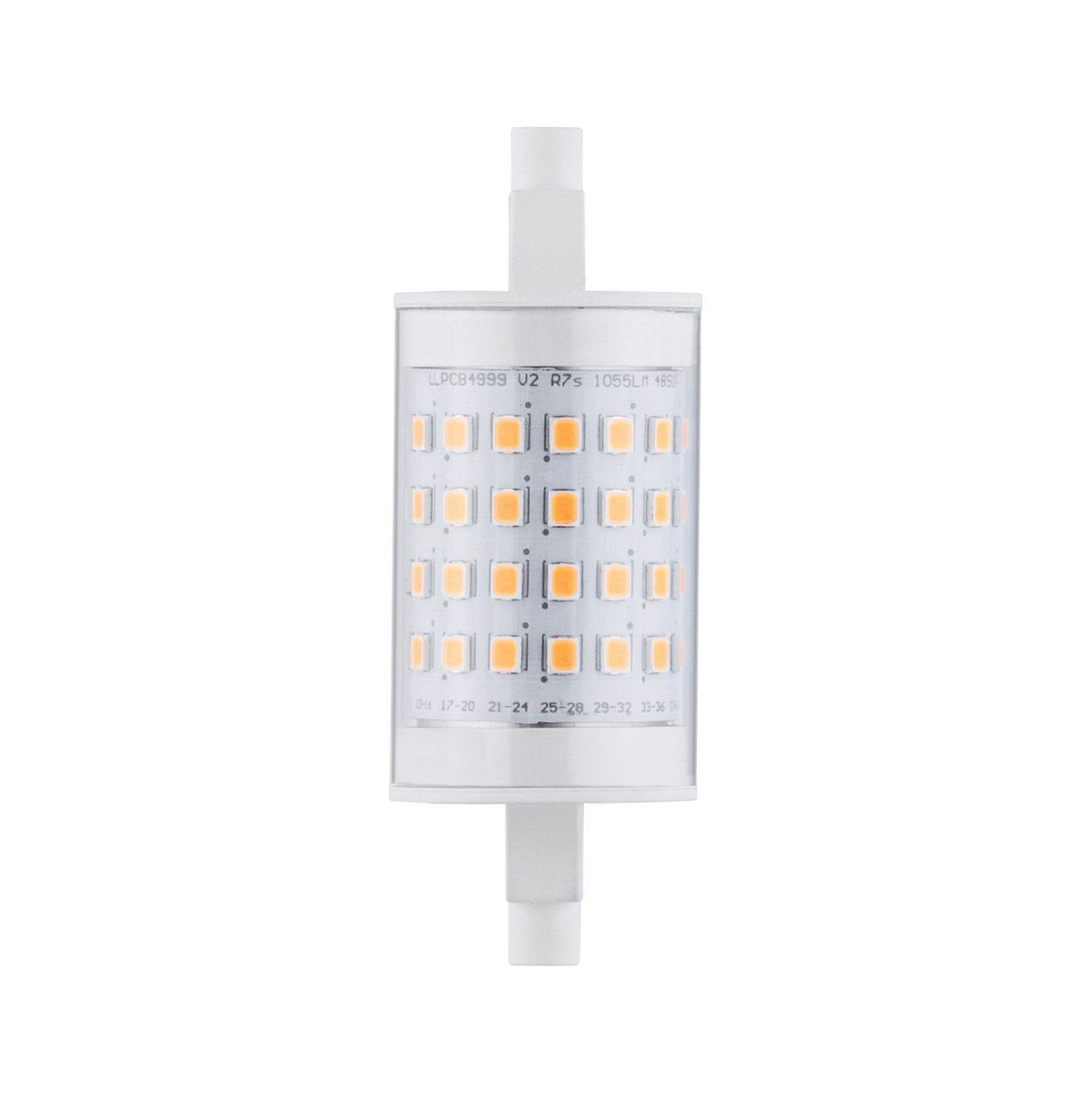 LED-Licht mit orangefarbenen LEDs. Es hat zwei Anschlussstifte an jedem Ende. Weißer Hintergrund.