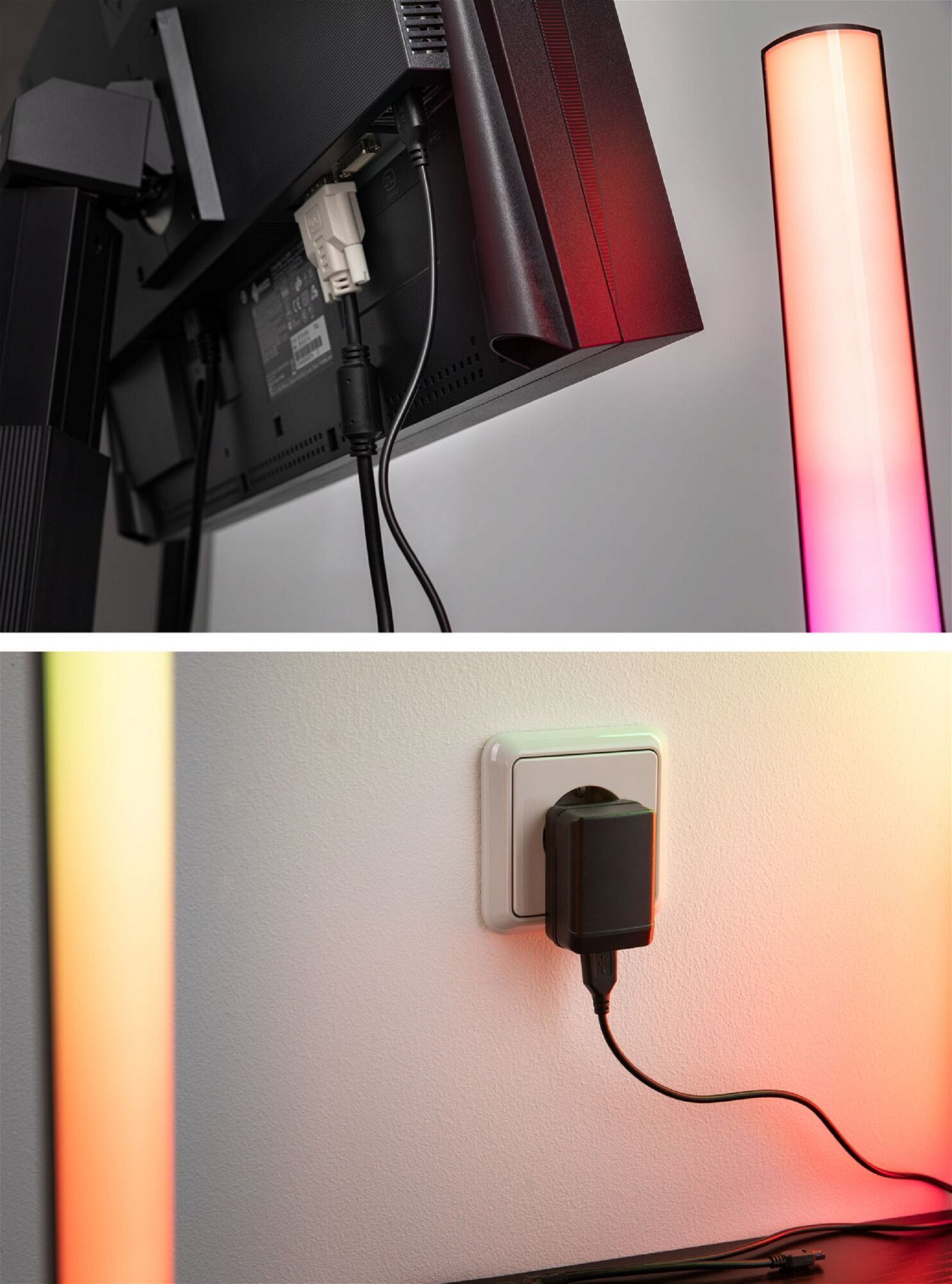 Nahaufnahmen der Rückseite eines Monitors und des Netzadapters.