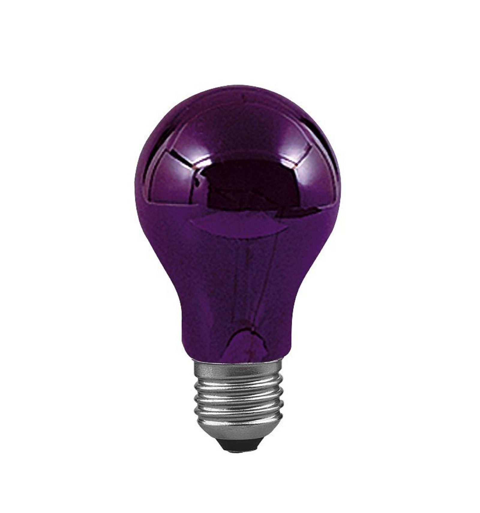 Eine violette Glühbirne mit silbernem Sockel, isoliert auf weißem Hintergrund.