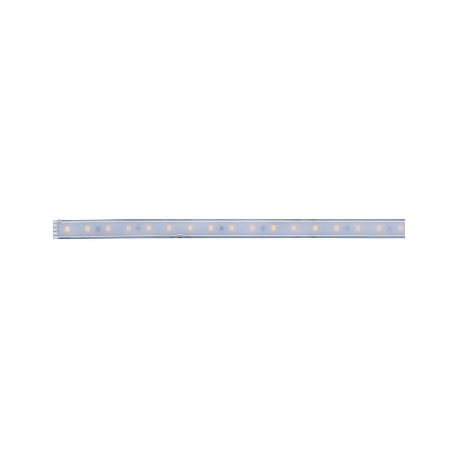 Ein langer, dünner LED-Streifen mit gleichmäßig verteilten Lichtern auf weißem Hintergrund.