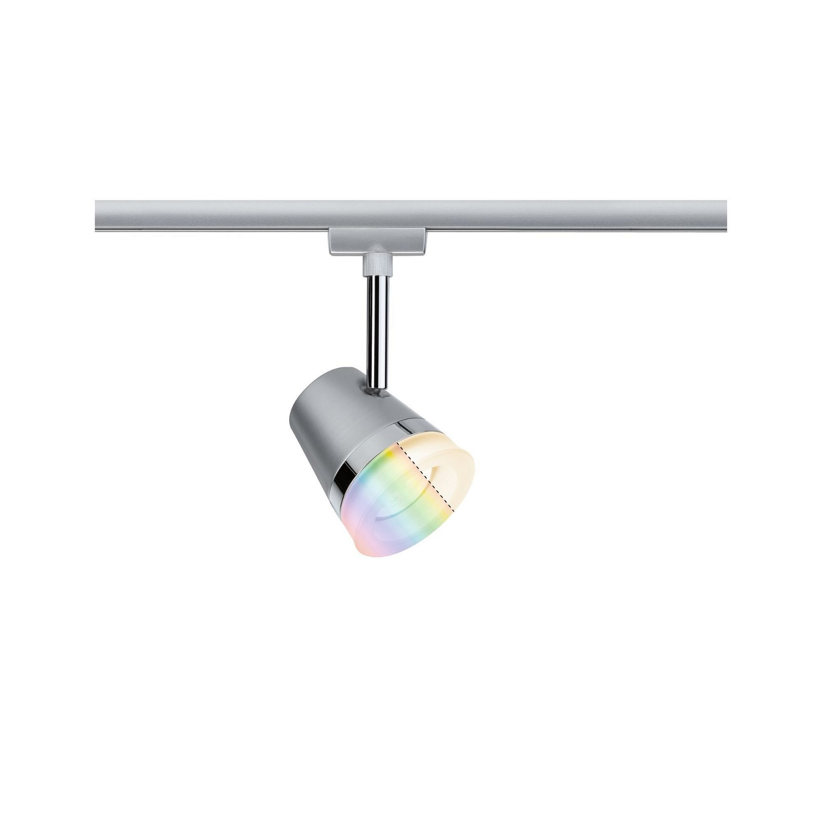 Silberne Schienenleuchte mit Regenbogenlicht. Weißer Hintergrund.