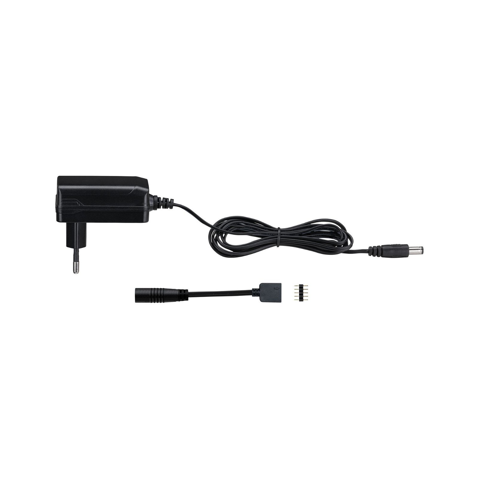 Schwarzer Adapter mit Kabel und Stecker. Weißer Hintergrund.