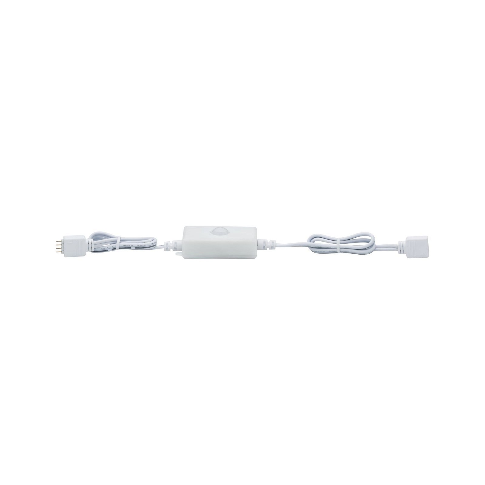 Weißes Kabel mit Steckern und Steuerbox. Es ist auf weißem Hintergrund.