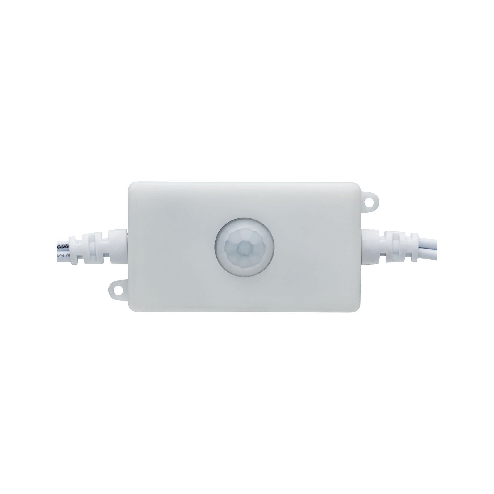 Ein weißes rechteckiges Gerät mit Sensor in der Mitte, zwei weiße Kabel erstrecken sich von den Seiten.