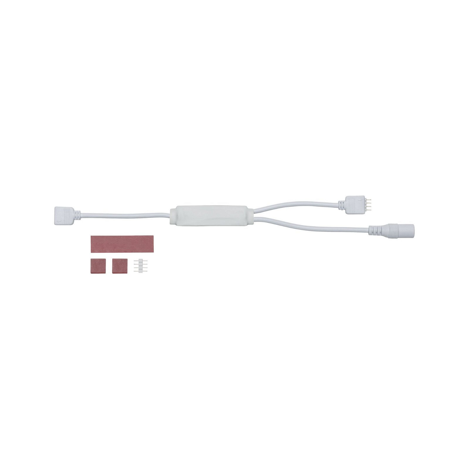 Weißer und weißer Stecker mit Kabel. Es gibt zwei kleinere Stecker und zwei rote Aufkleber.