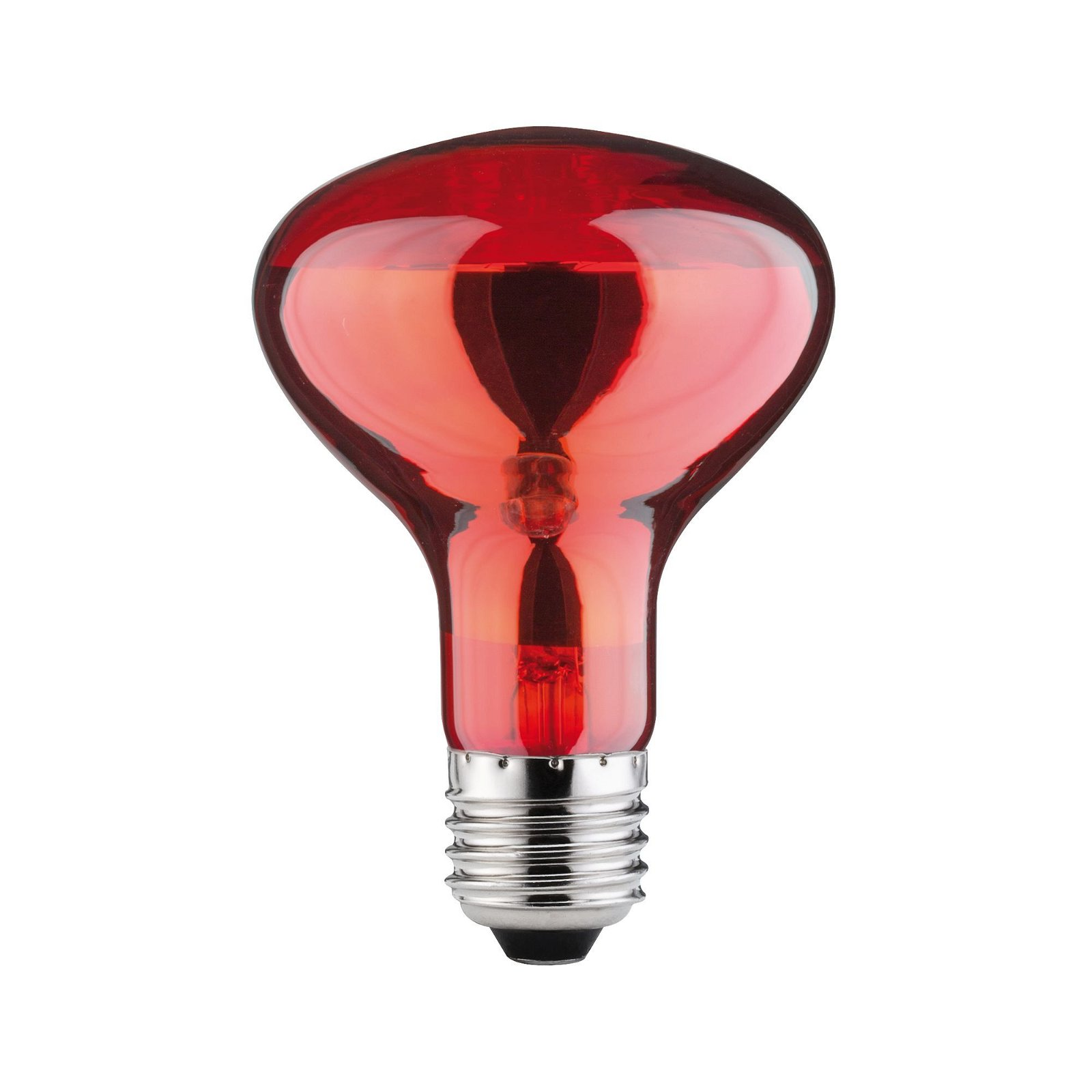Eine rot getönte Glühbirne mit silbernem Sockel auf weißem Hintergrund. Das Glas reflektiert die innere Struktur.