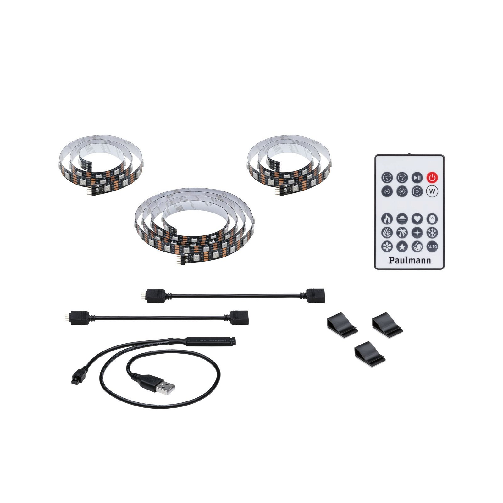 Ein Satz LED-Lichtstreifen, eine Fernbedienung, ein USB-Kabel und anderes Zubehör.