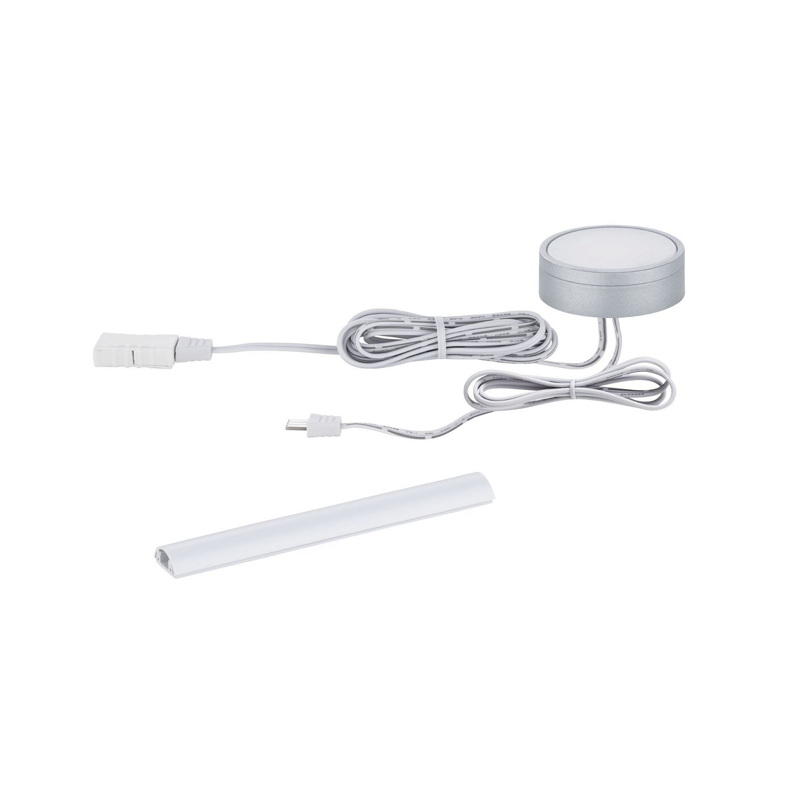 Una luce LED bianca circolare con bordo argentato, collegata a un cavo e un connettore USB.
