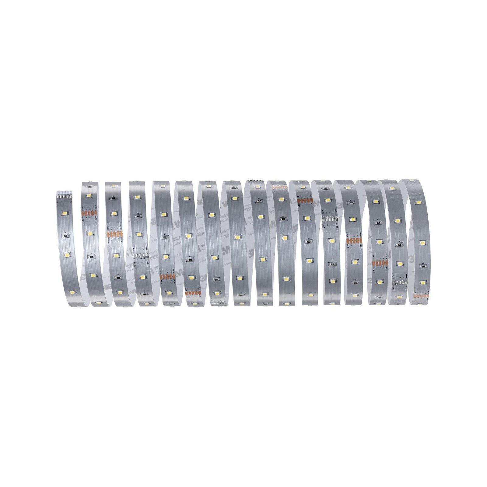 Ein aufgerollter LED-Streifen mit sichtbaren einzelnen LED-Leuchten auf weißem Hintergrund.