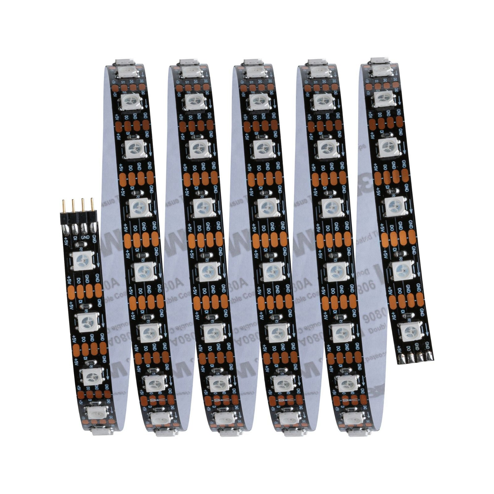 Sechs LED-Streifen auf weißem Hintergrund. Sie haben mehrere kleine LED-Leuchten und Anschlüsse.