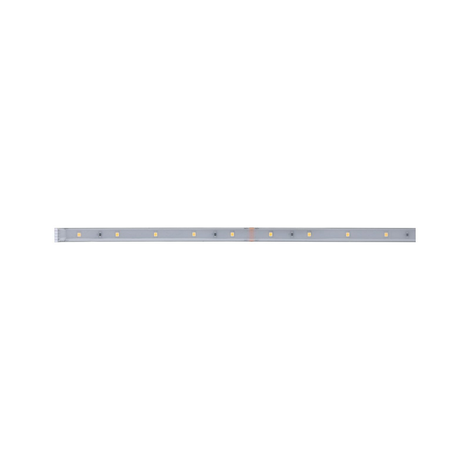 Striscia LED con luci bianco caldo uniformemente distanziate su sfondo bianco.