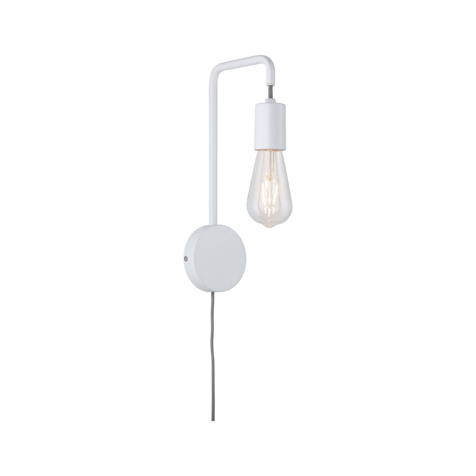 Biała lampa ścienna z żarówką jest prezentowana na białym tle, ukazując jej minimalistyczny design.