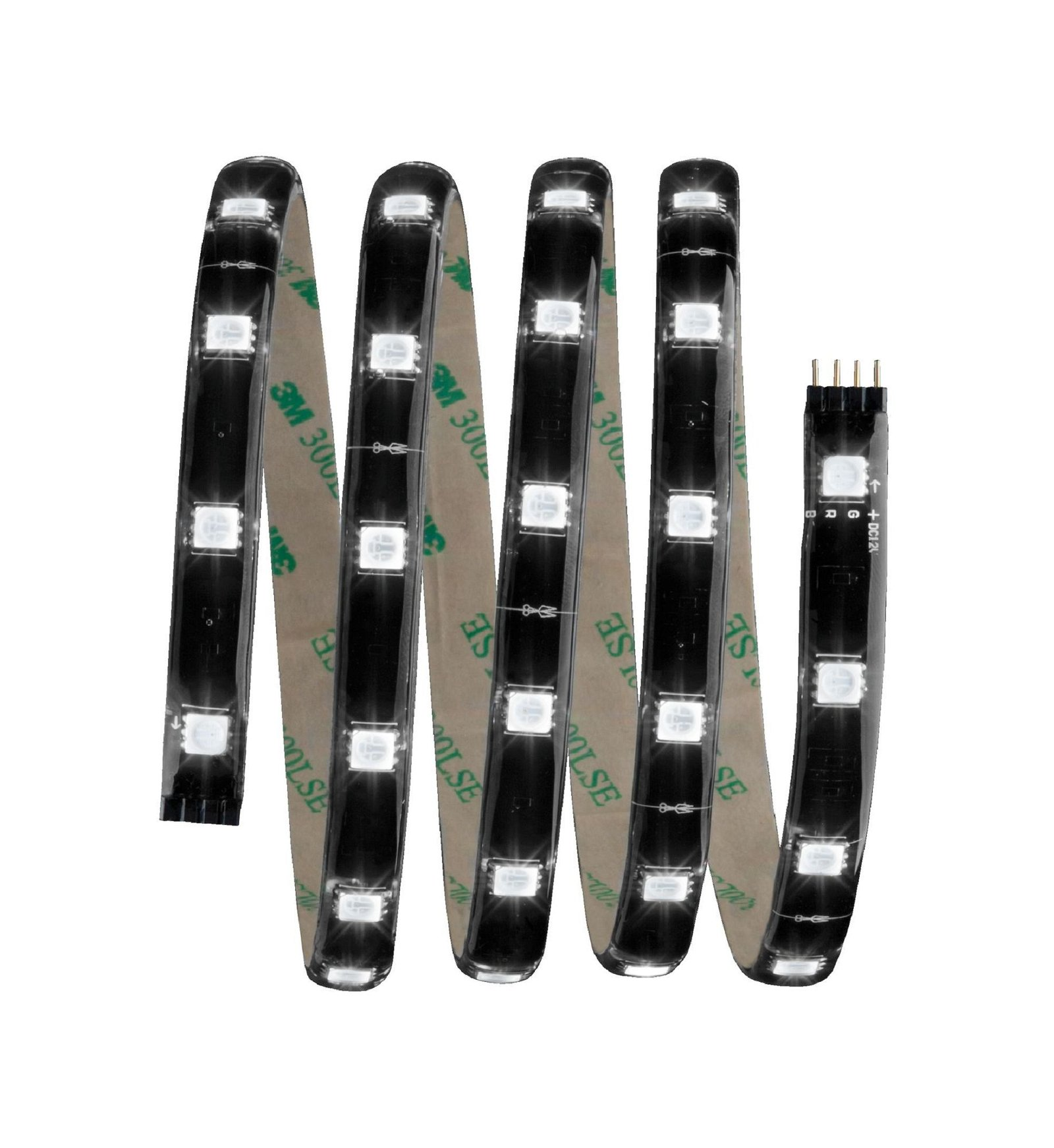 Striscia LED nera flessibile con luci bianche e nastro adesivo.