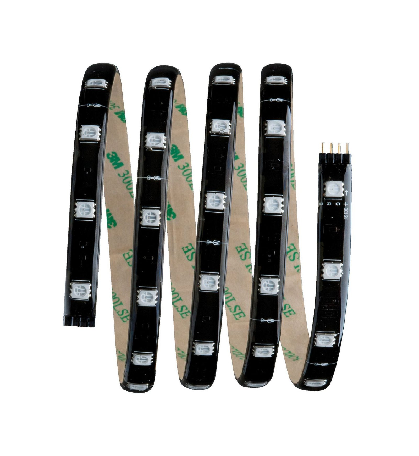Una striscia LED con supporto adesivo 3M, con LED bianchi e connessioni di cablaggio visibili.