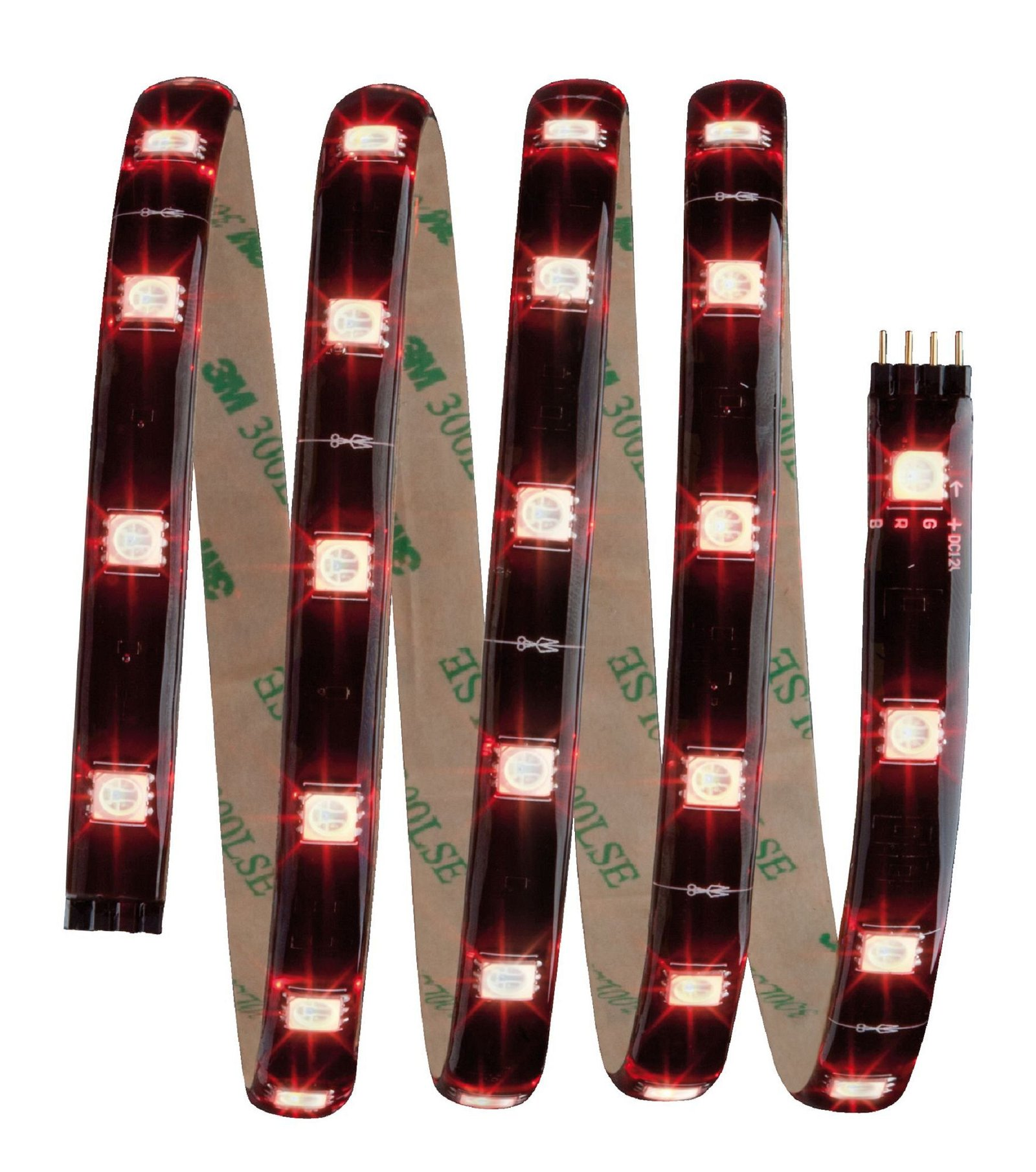 Viene mostrata una striscia luminosa a LED rossa, con un'etichetta 3M e un connettore.