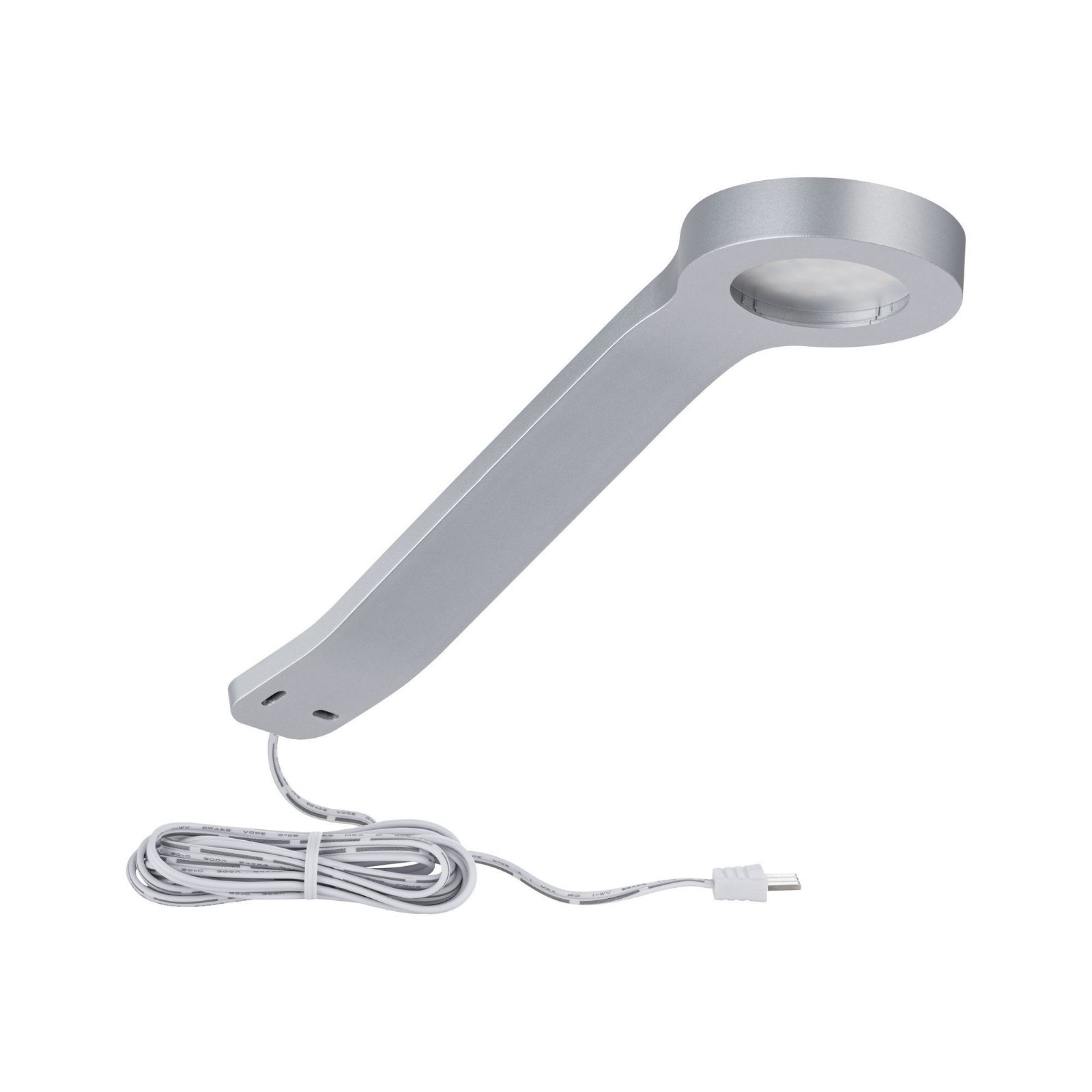 Eine silberne Leuchte mit weißem Kabel.