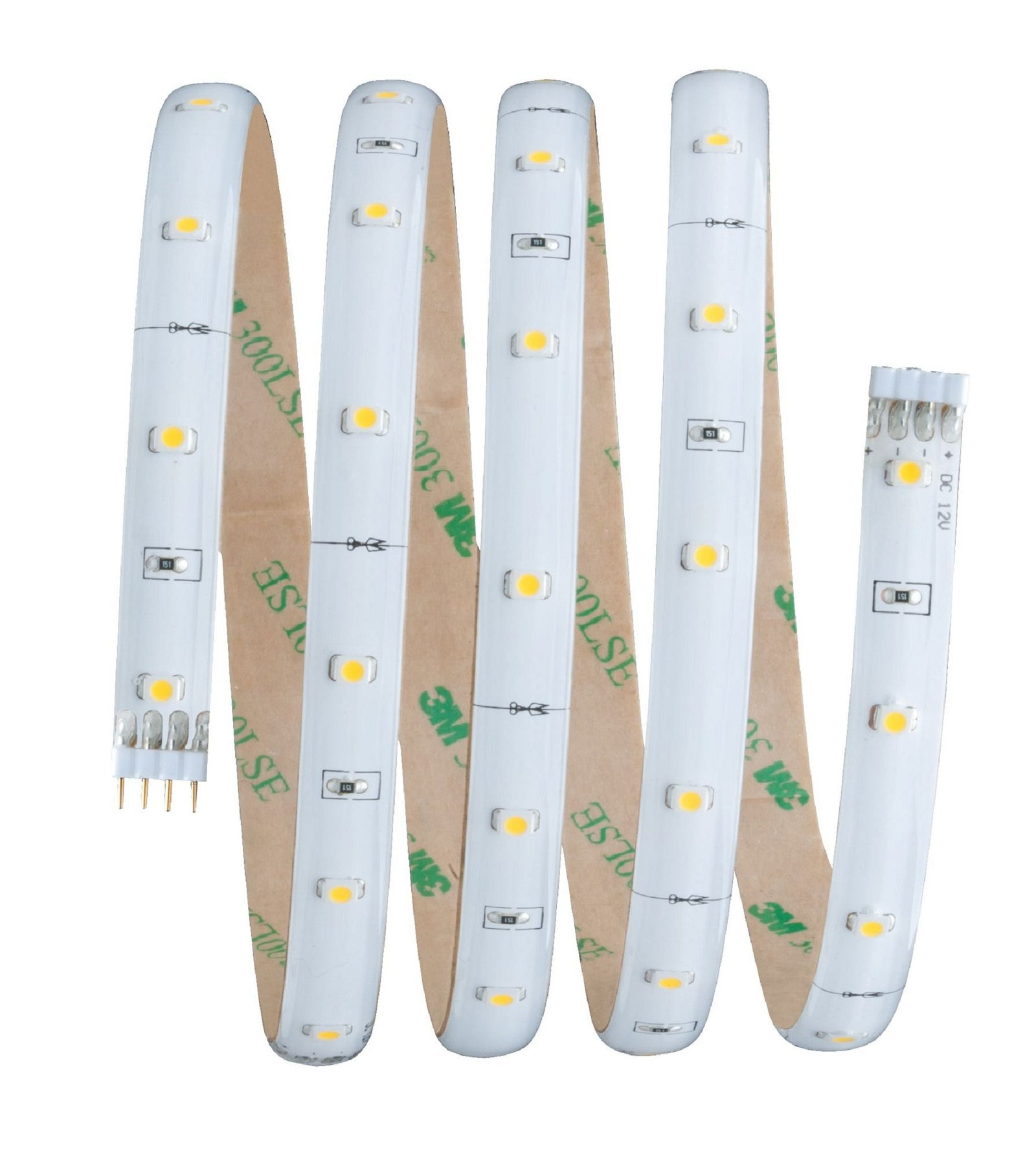 Flexibler LED-Streifen mit Kleberückseite, aufgerollt. Zeigt LEDs und Anschlüsse.