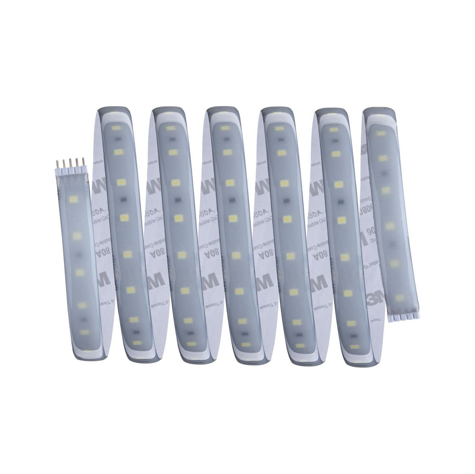 Una striscia arrotolata di LED con luci bianche, su sfondo bianco.