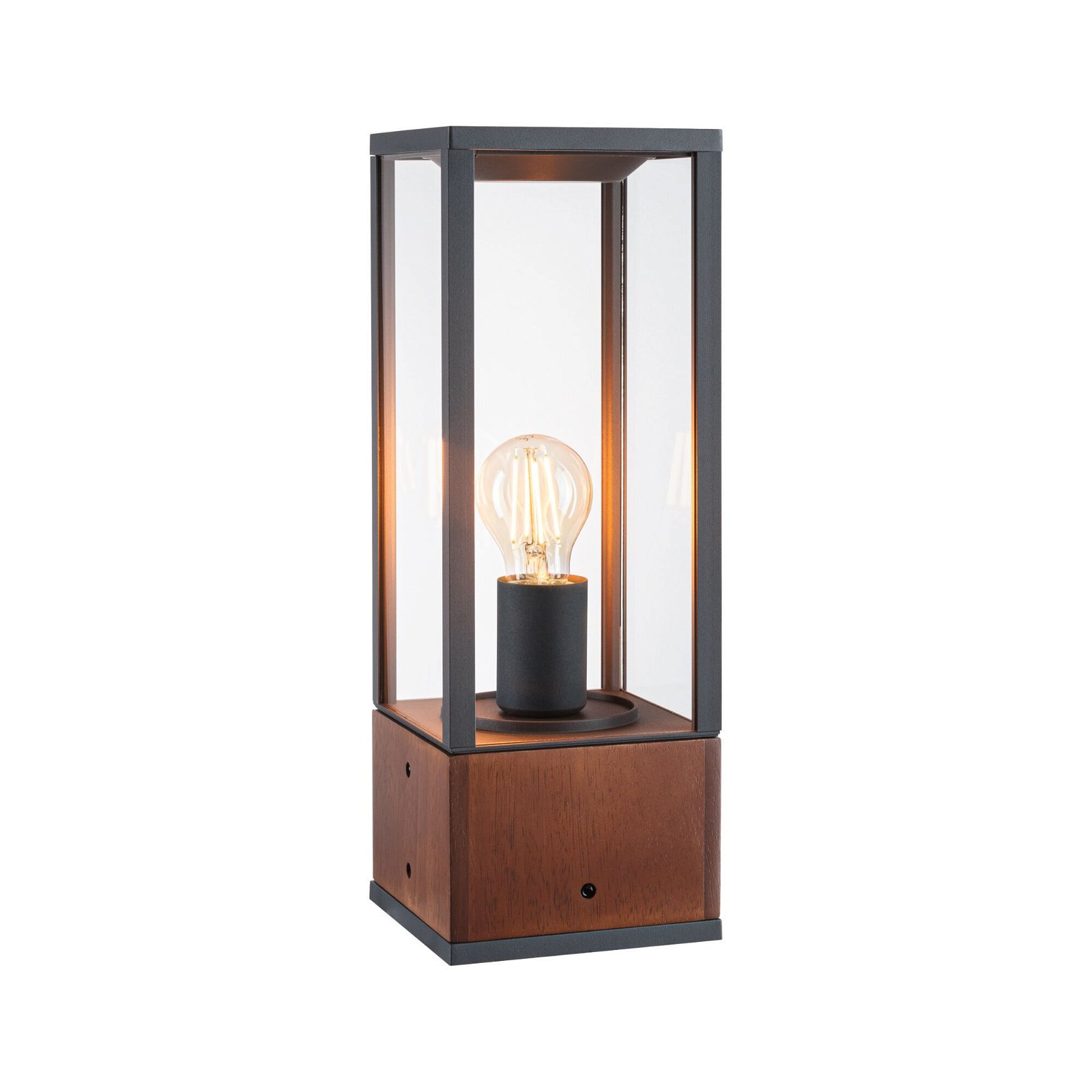 Dekorative Lampe mit Holzsockel und Glaseinfassung, innen beleuchtet.