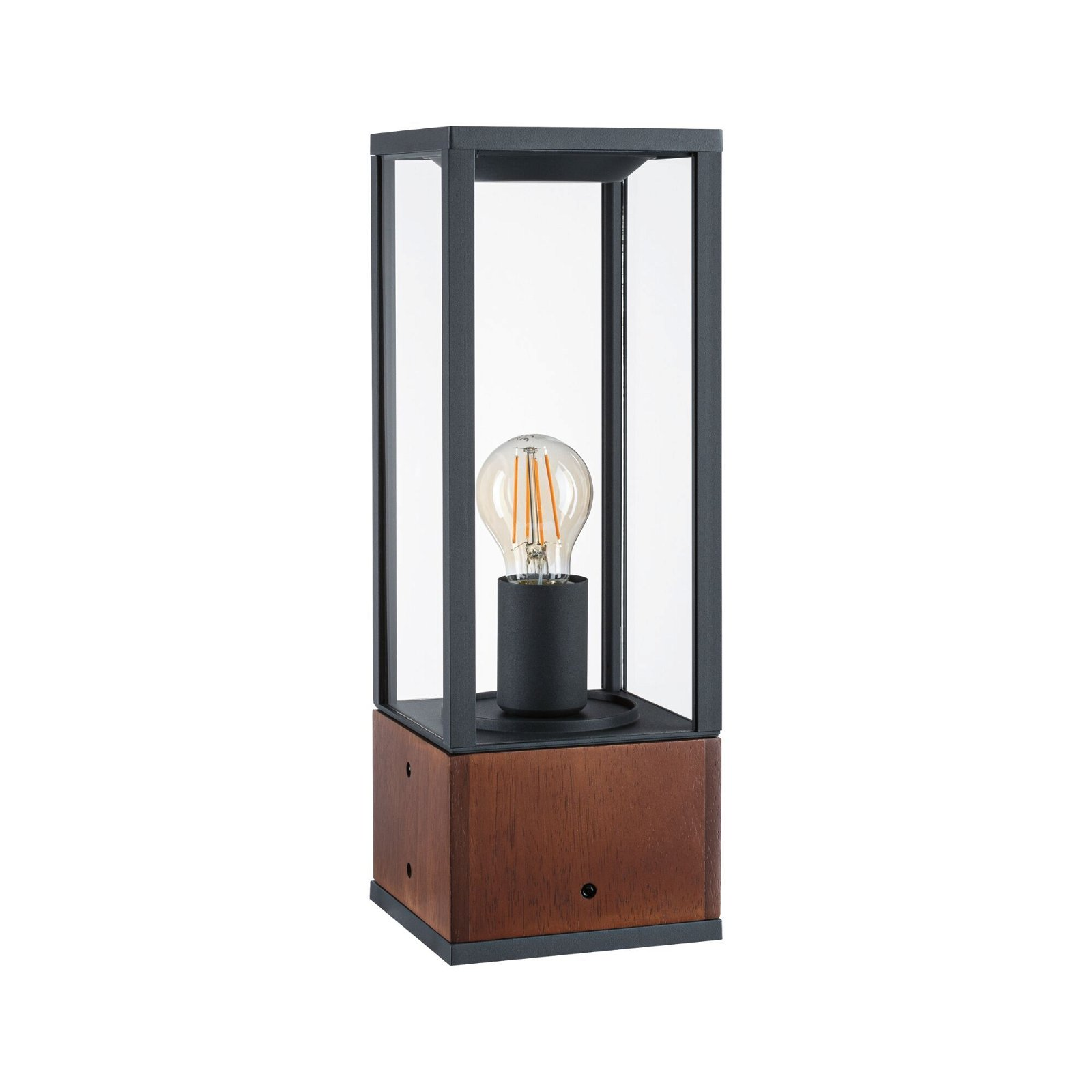 Eine schwarze und hölzerne Außenlampe mit Glühbirne, weißer Hintergrund.