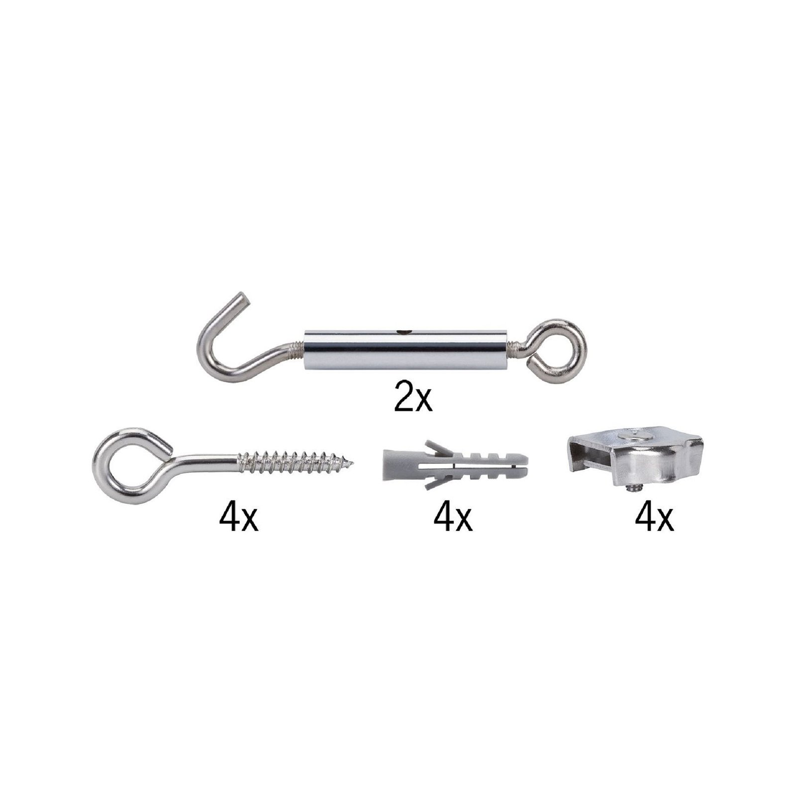 Verschiedene Metallbeschläge, einschließlich eines Ösenhakens.