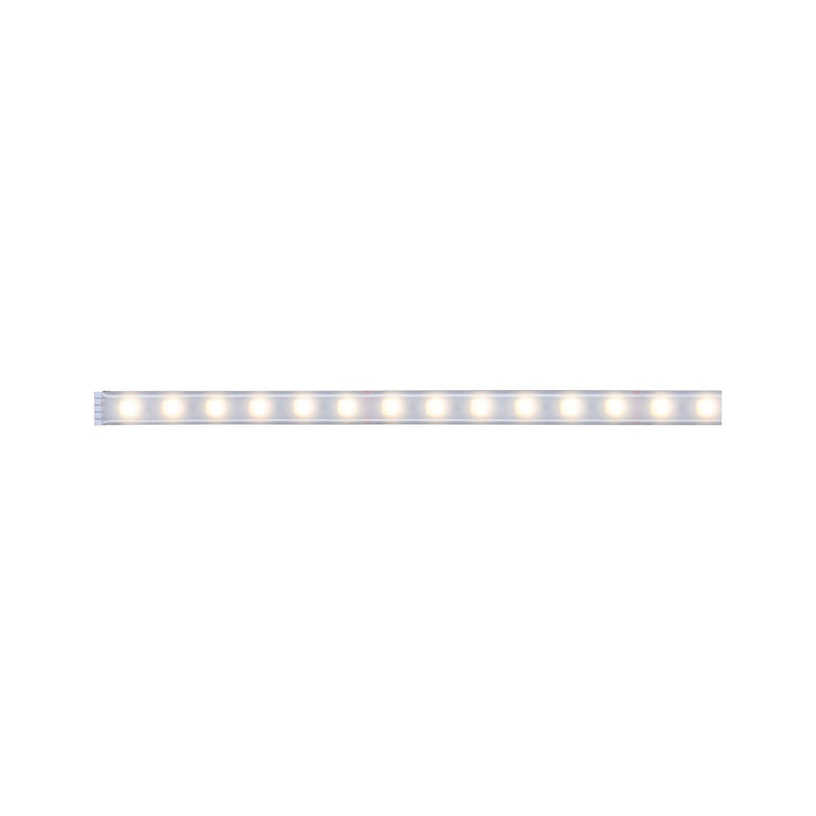 Ein gerader LED-Streifen mit gleichmäßig verteilten warmweißen Lichtern vor einem reinweißen Hintergrund.