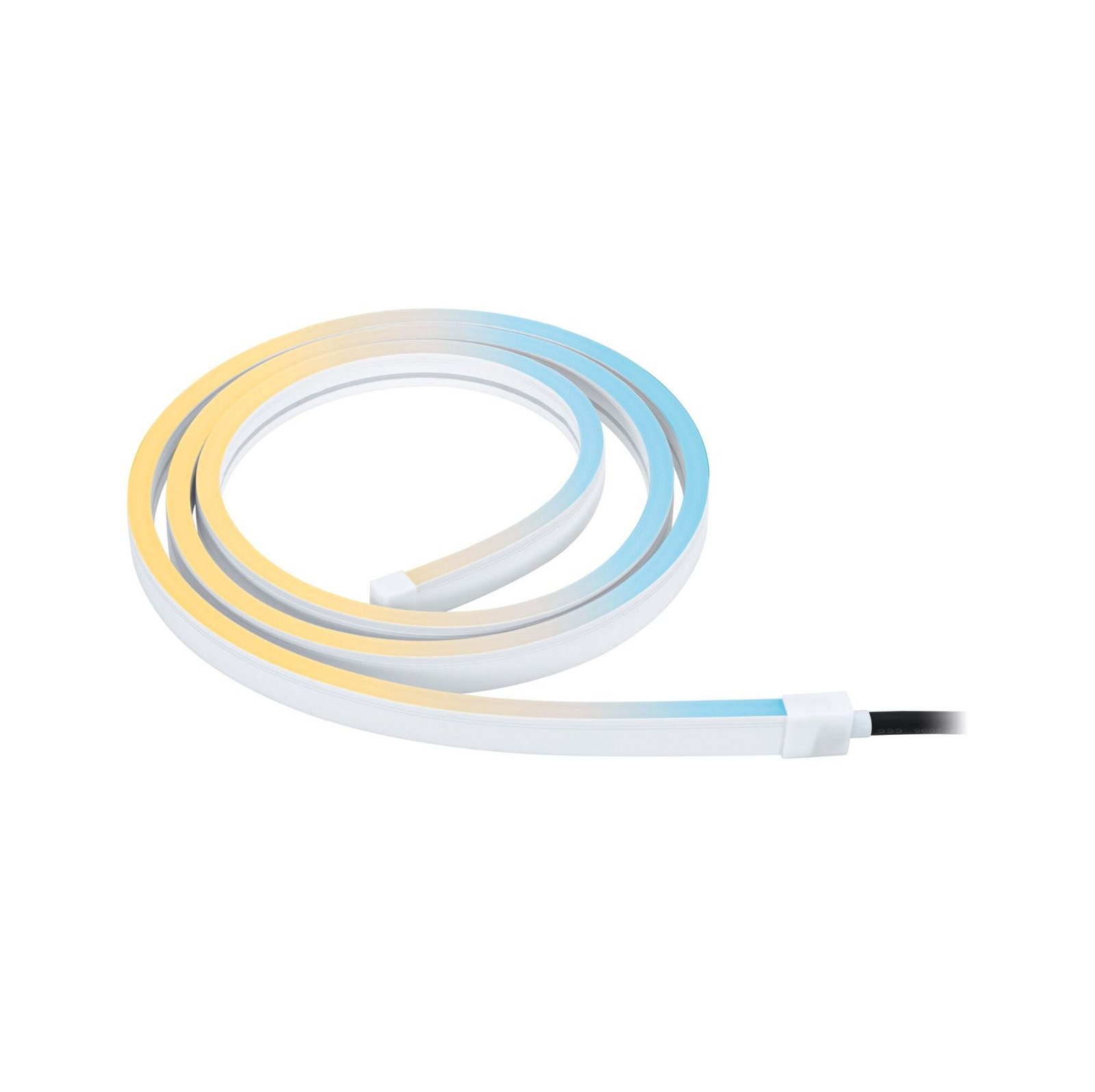 Eine flexible LED-Lichtleiste, aufgerollt, die Farbverläufe von Gelb und Blau ausstrahlt.