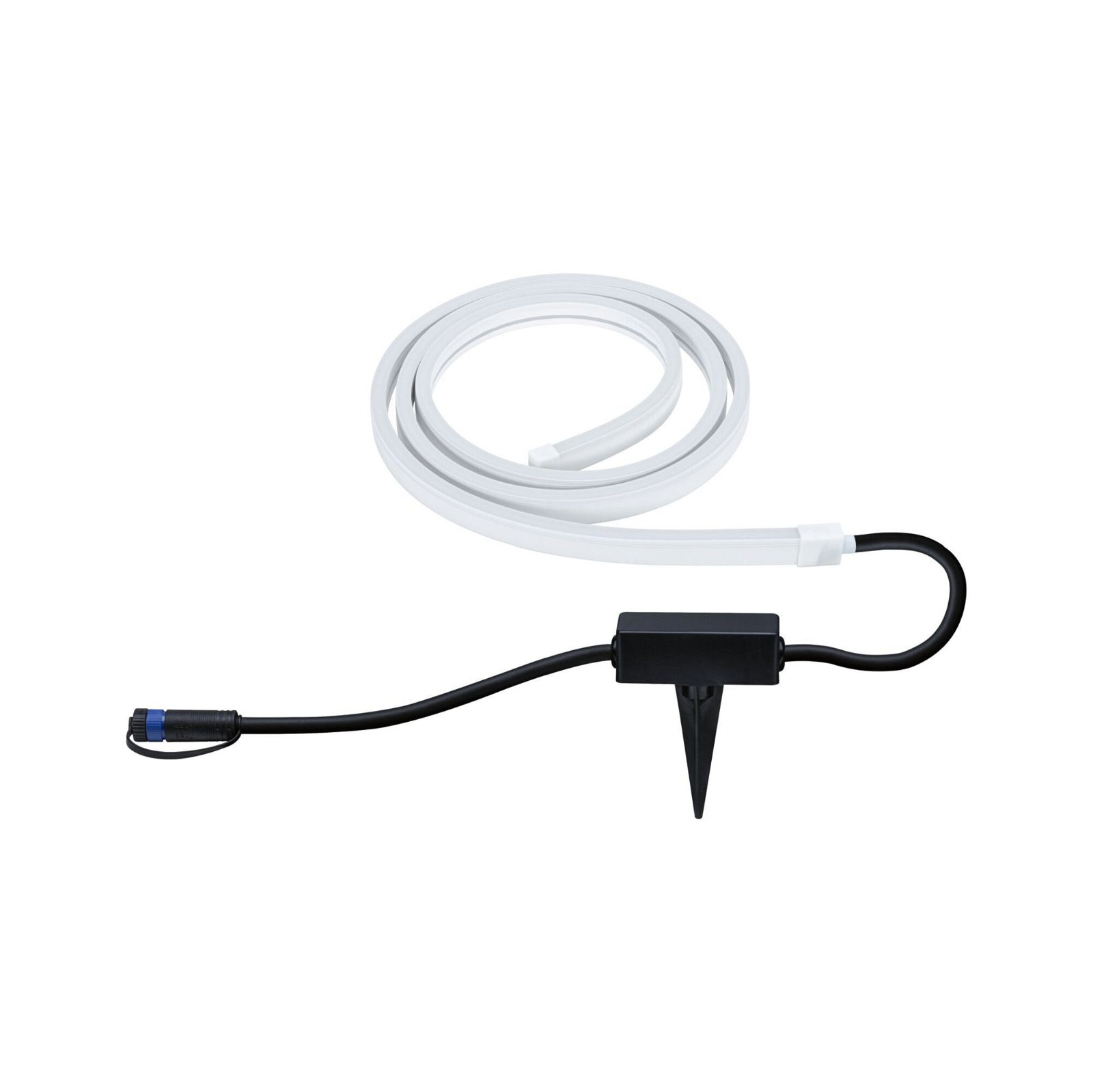 Weißes LED-Band in einer Spule, mit schwarzem Stecker und Pfahl.