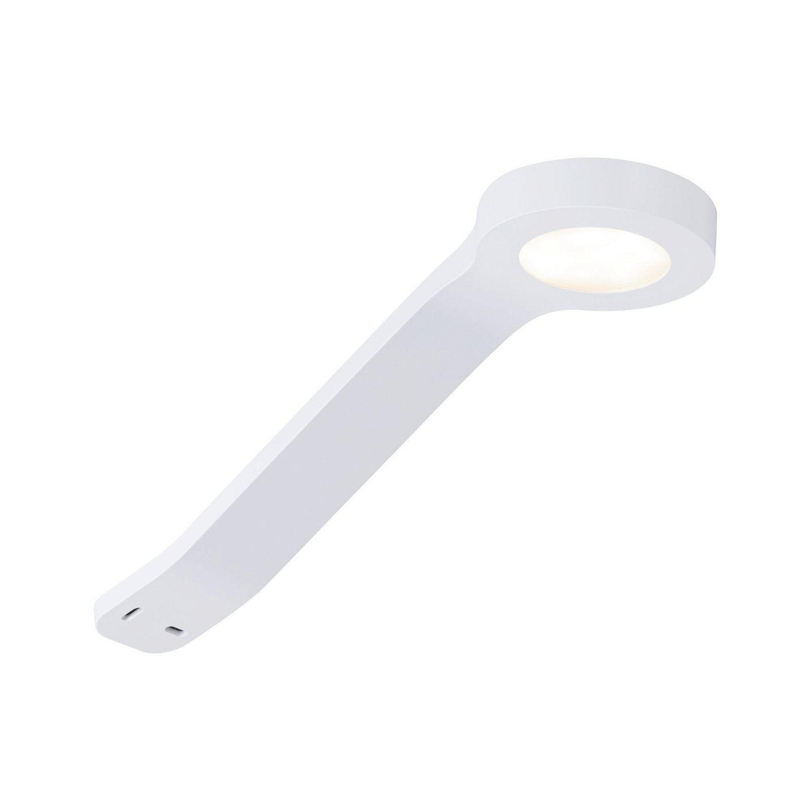 Una lampada da parete bianca con un braccio curvo e una luce circolare all'estremità, isolata su bianco.