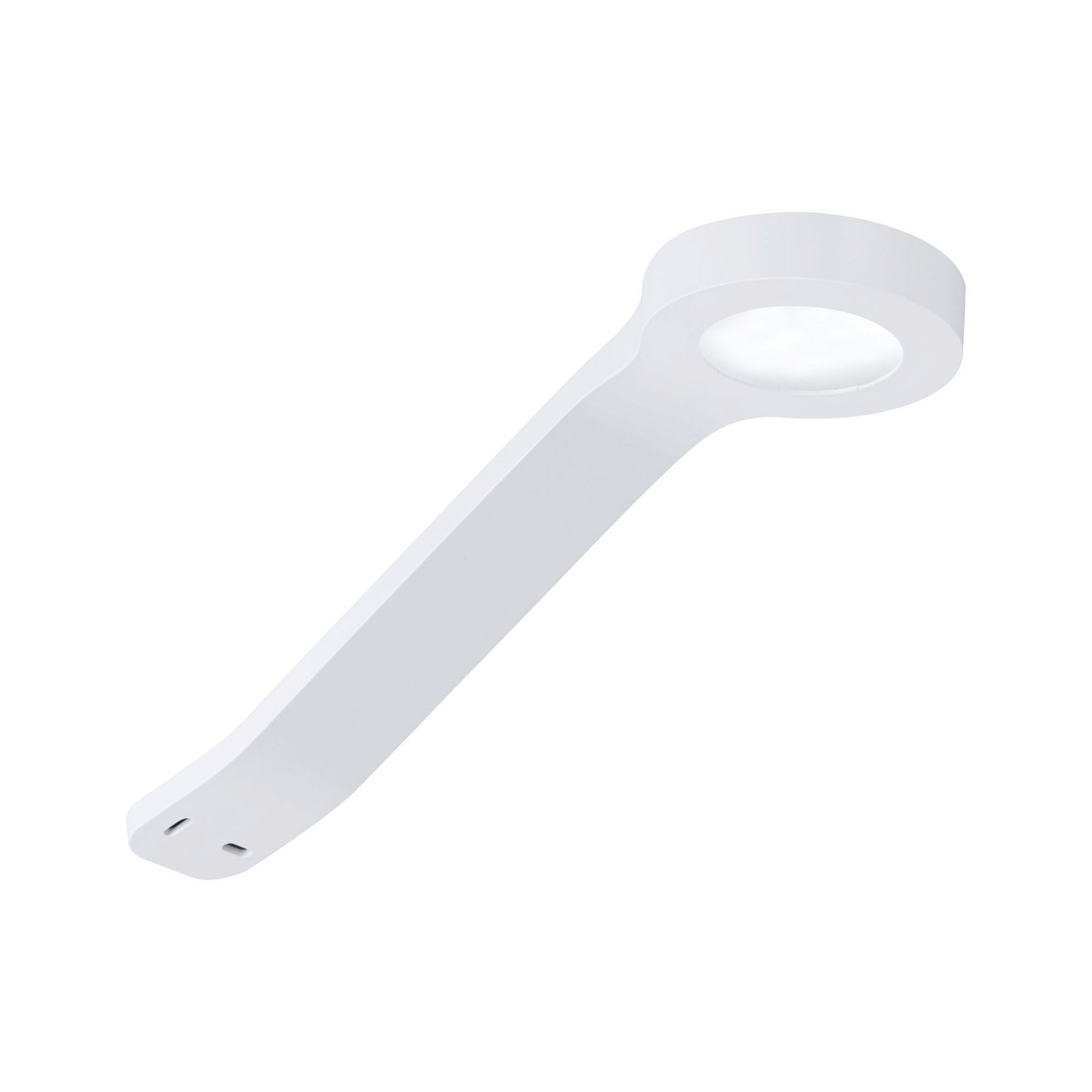 Un apparecchio di illuminazione bianco e curvo con una luce circolare alla fine di un lungo braccio.