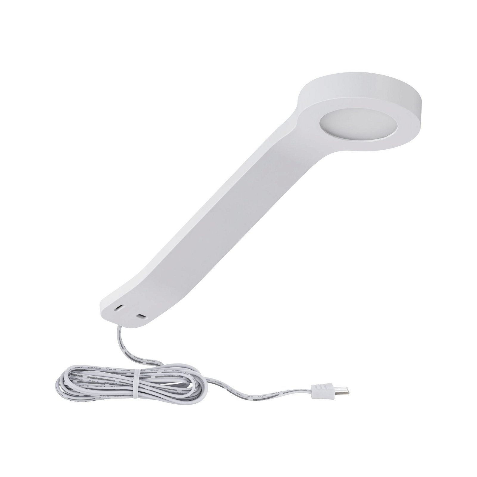 Una lampada a LED bianca con un braccio curvo e un cavo di alimentazione collegato.
