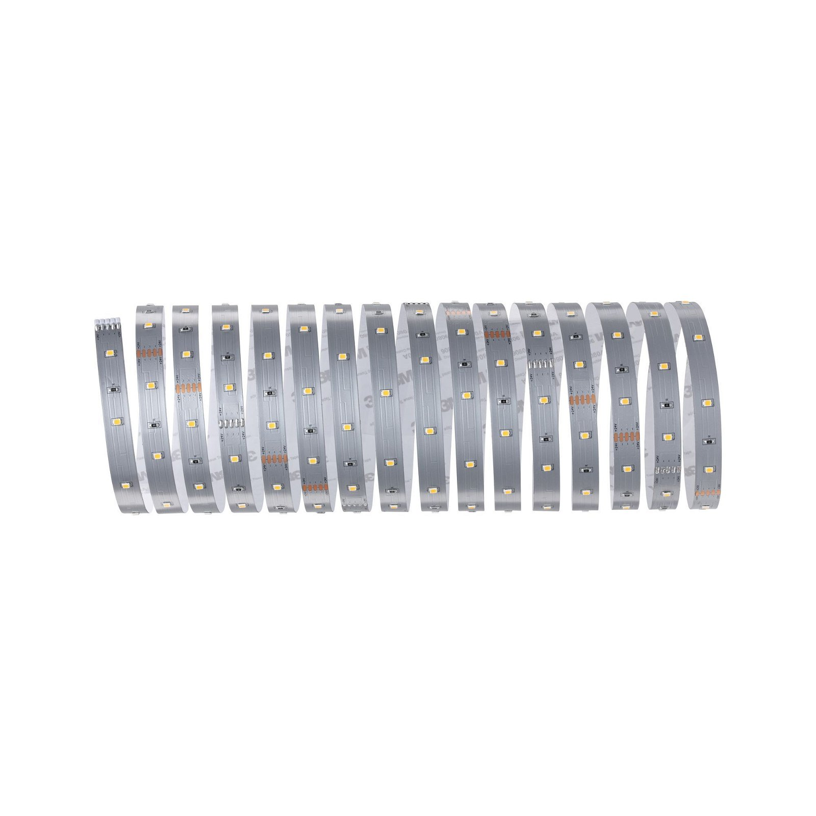 Eine Rolle silberner LED-Lichtbänder mit mehreren LEDs. Weißer Hintergrund.