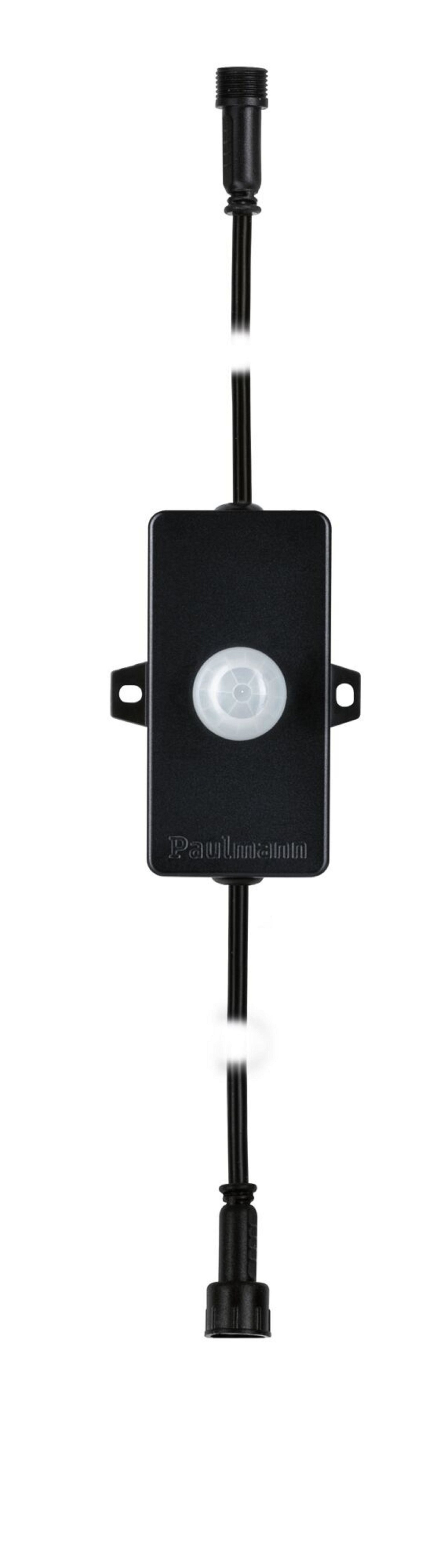Ein schwarzes Kabel mit Bewegungssensor in der Mitte und Anschlüssen an beiden Enden, weißer Hintergrund.