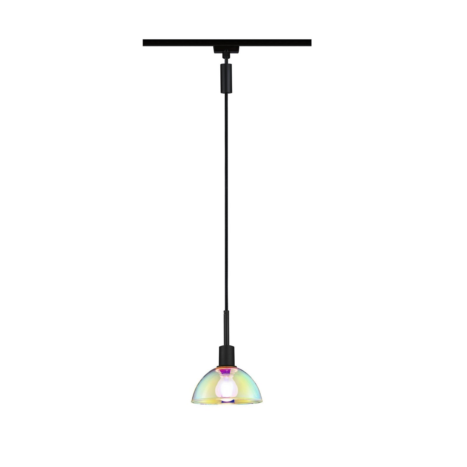 Wisząca lampa z kolorowym szklanym kloszem i czarnym przewodem.