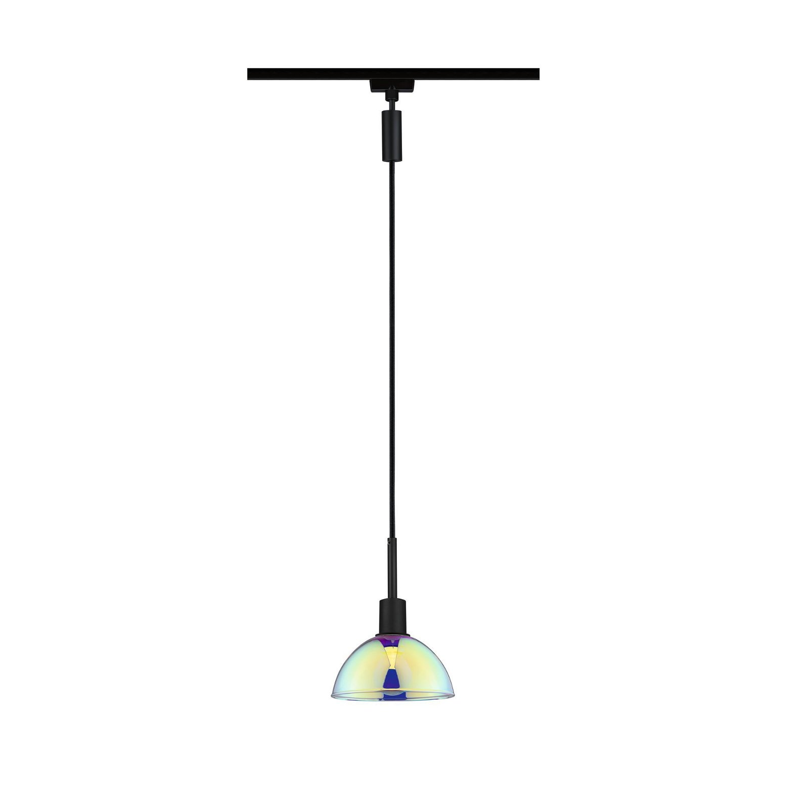 Lampa wisząca z szklanym kloszem, wisząca na czarnym kablu, biała.