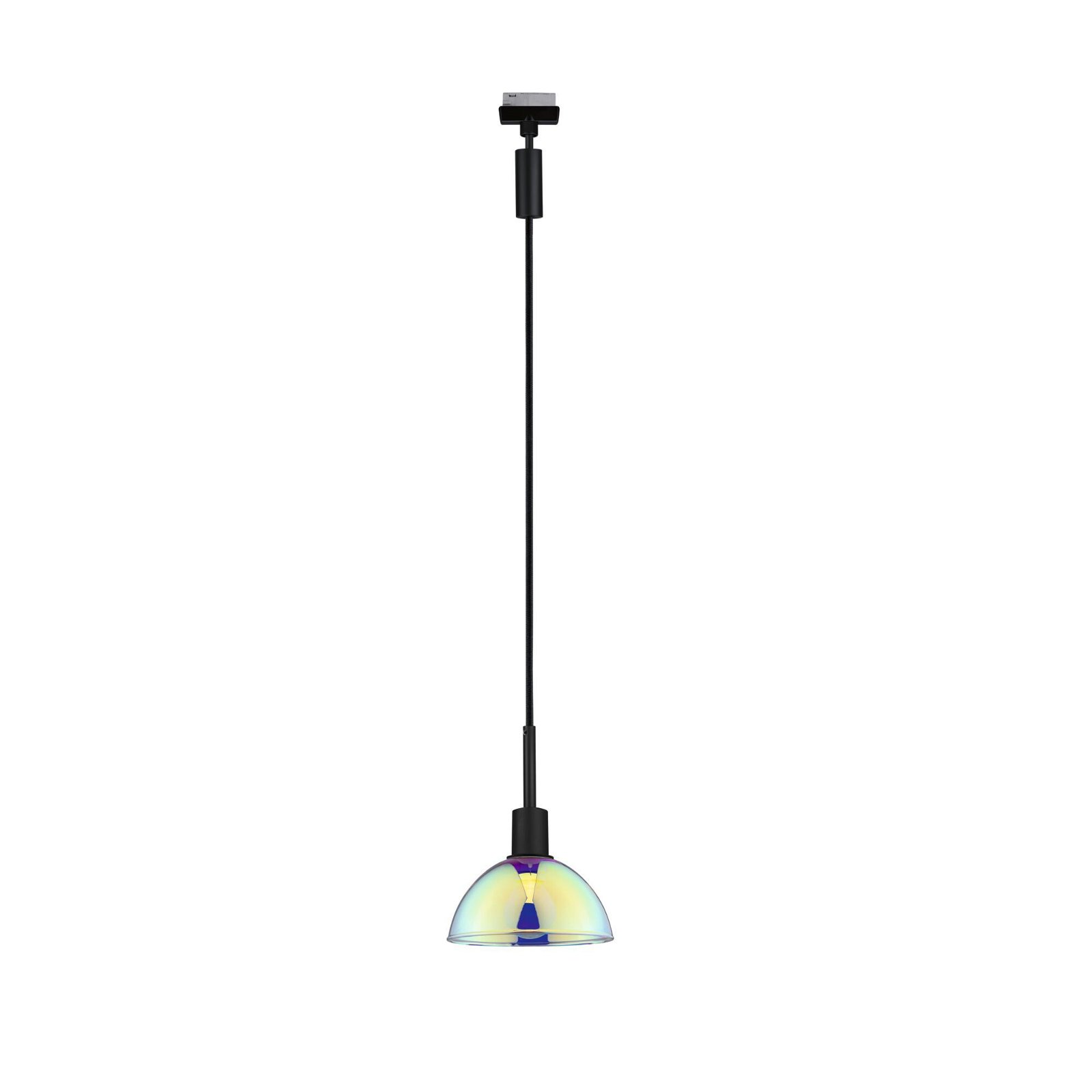 Lampa wisząca z czarnym przewodem, półprzezroczystą żarówką i chromowaną podstawą.
