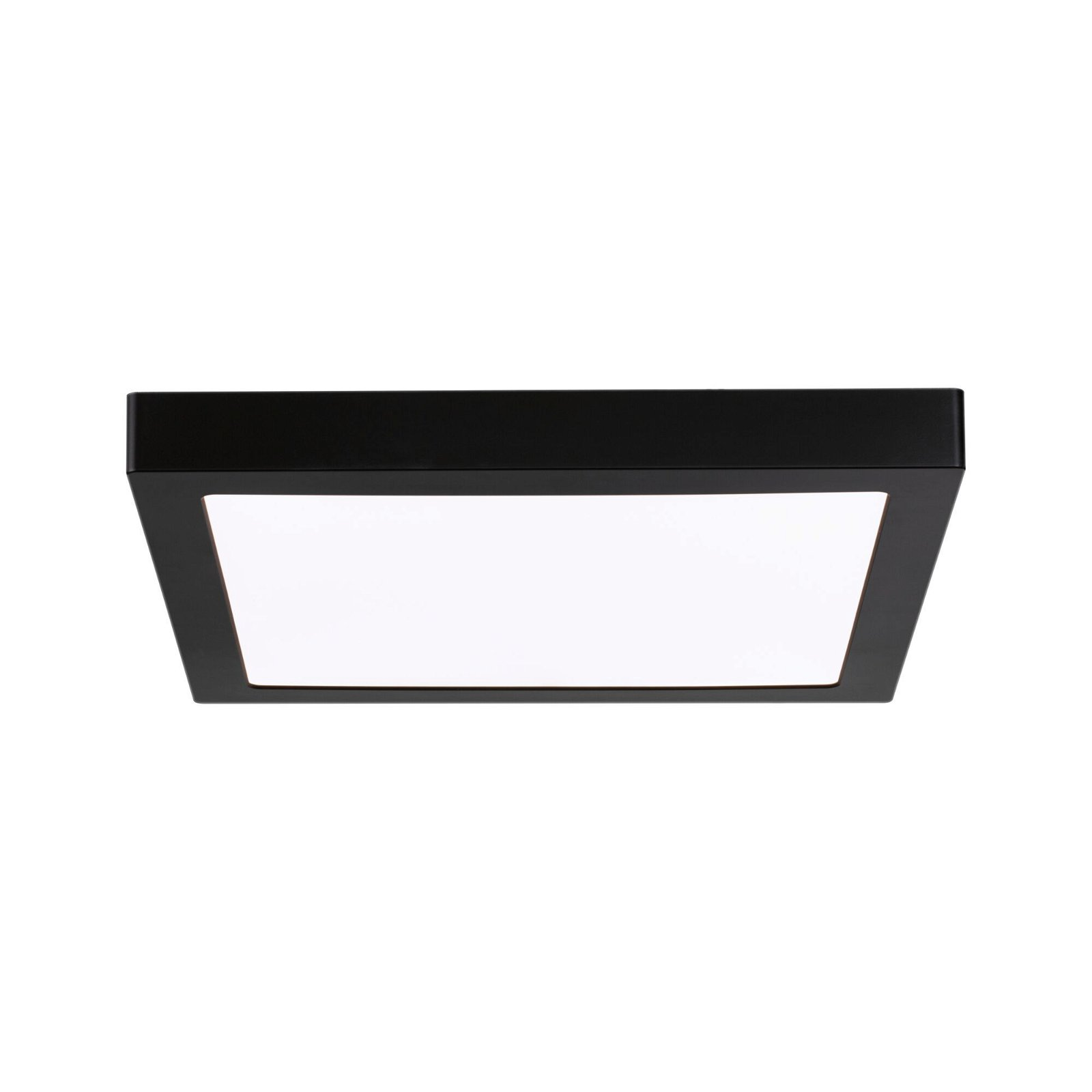 Un apparecchio di illuminazione da soffitto nero, quadrato e ad incasso. Ha un centro bianco e illuminato.