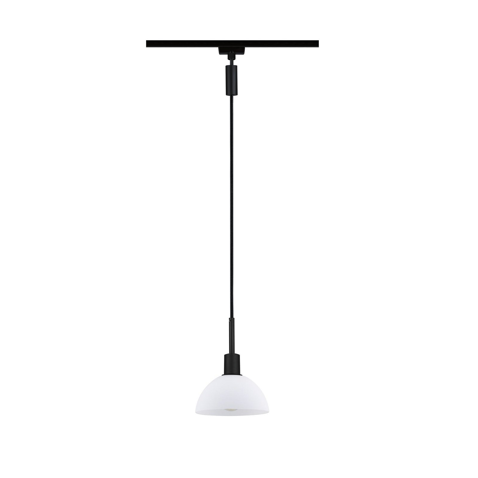 Eine schwarze Pendelleuchte mit einem weißen, kuppelförmigen Schirm, der an einem schwarzen Kabel hängt.