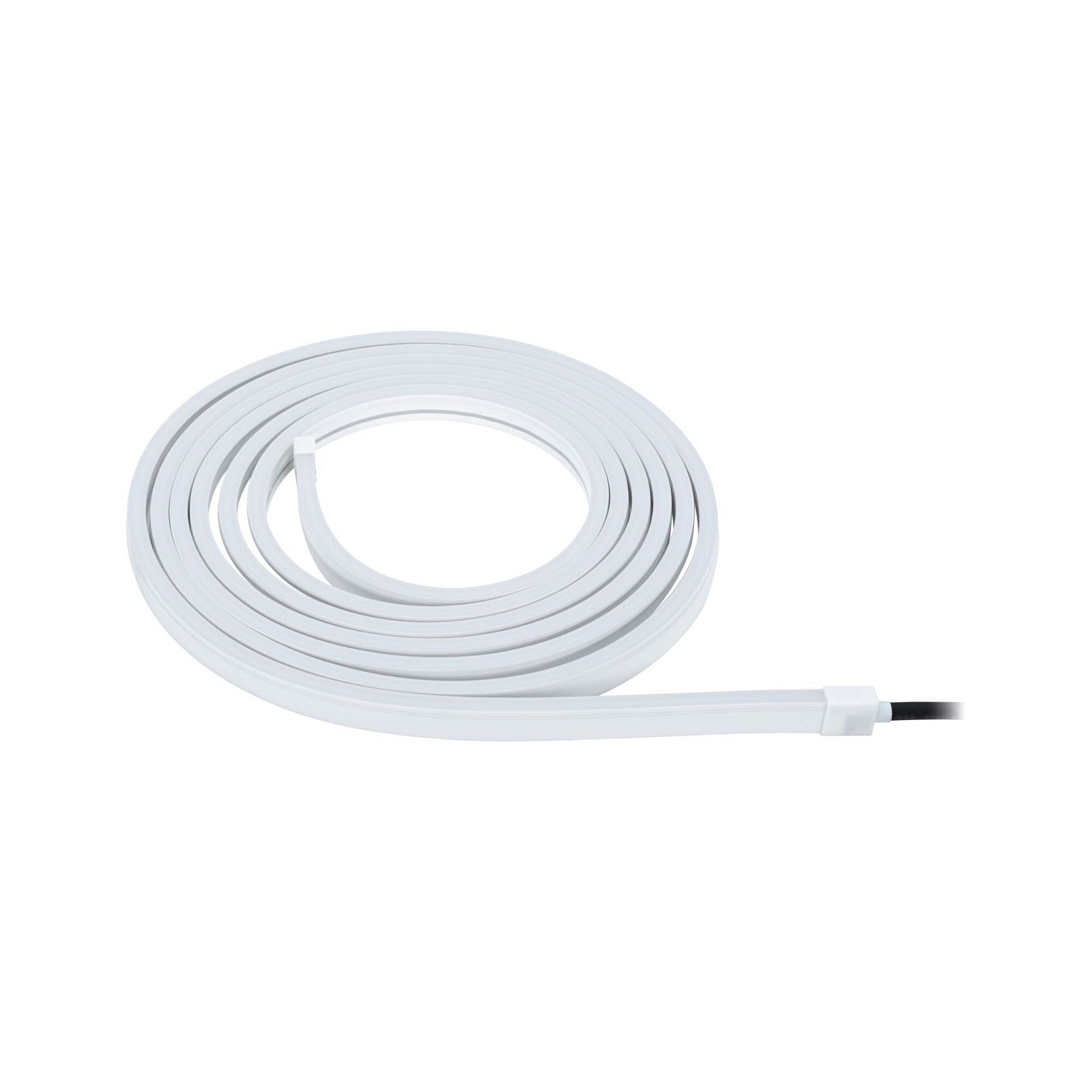 Aufgerollter, weißer, flexibler LED-Streifen mit schwarzem Stecker.
