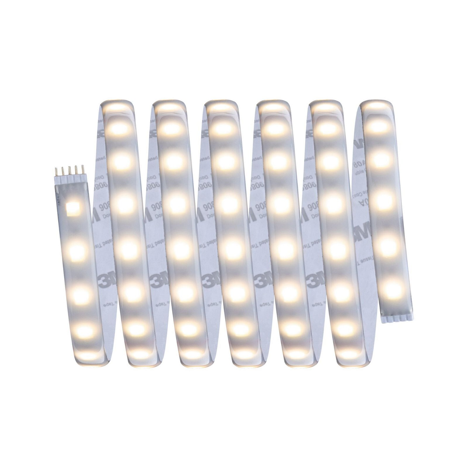 Weißer LED-Lichtstreifen mit sichtbaren Lichtern und Klebeband. Weißer Hintergrund.