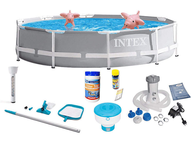 INTEX PrismFrame Pool  26702GN + umfangreiches Zubehör Swimmingpool, grau